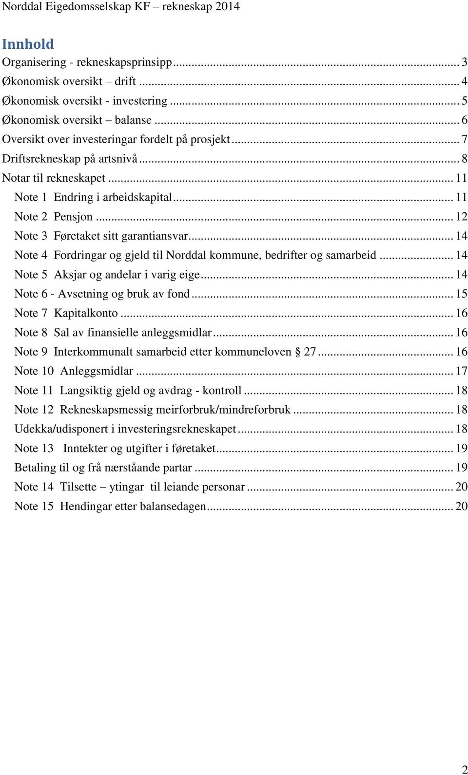 .. 14 Note 4 Fordringar og gjeld til Norddal kommune, bedrifter og samarbeid... 14 Note 5 Aksjar og andelar i varig eige... 14 Note 6 - Avsetning og bruk av fond... 15 Note 7 Kapitalkonto.