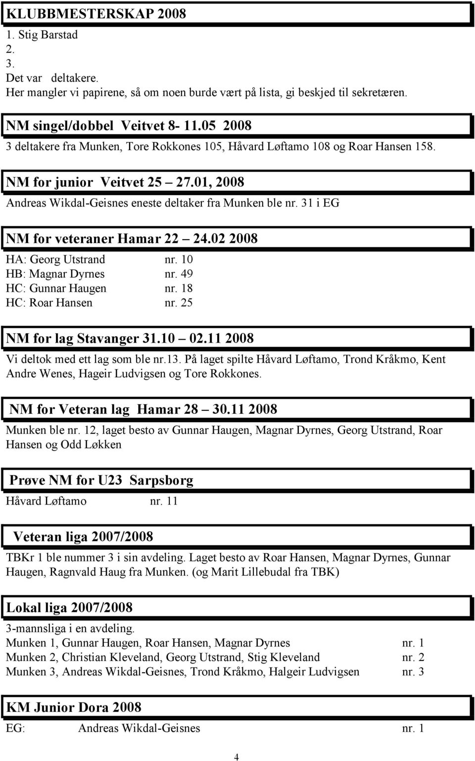 31 i EG NM for veteraner Hamar 22 24.02 2008 HA: Georg Utstrand nr. 10 HB: Magnar Dyrnes nr. 49 HC: Gunnar Haugen nr. 18 HC: Roar Hansen nr. 25 NM for lag Stavanger 31.10 02.