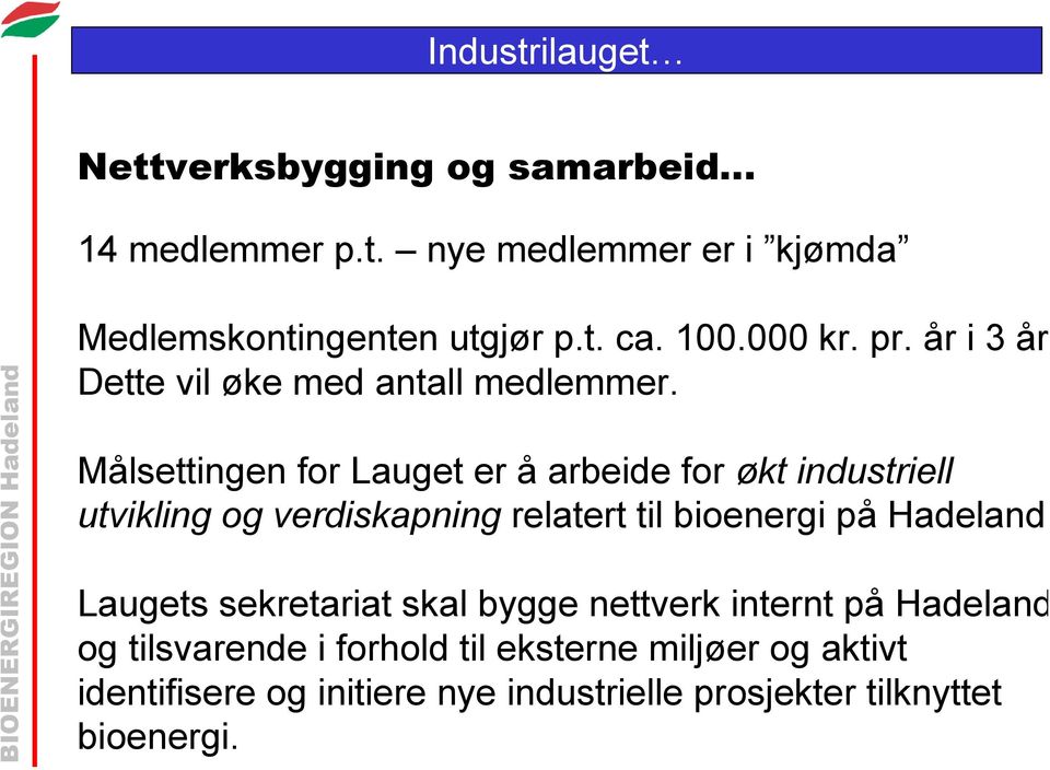 Målsettingen for Lauget er å arbeide for økt industriell utvikling og verdiskapning relatert til bioenergi på Hadeland.