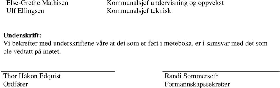 underskriftene våre at det som er ført i møteboka, er i samsvar med det