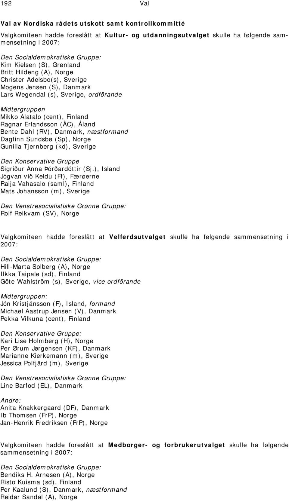 (RV), Danmark, næstformand Dagfinn Sundsbø (Sp), Norge Gunilla Tjernberg (kd), Sverige Den Konservative Gruppe Sigriður Anna Þórðardóttir (Sj.