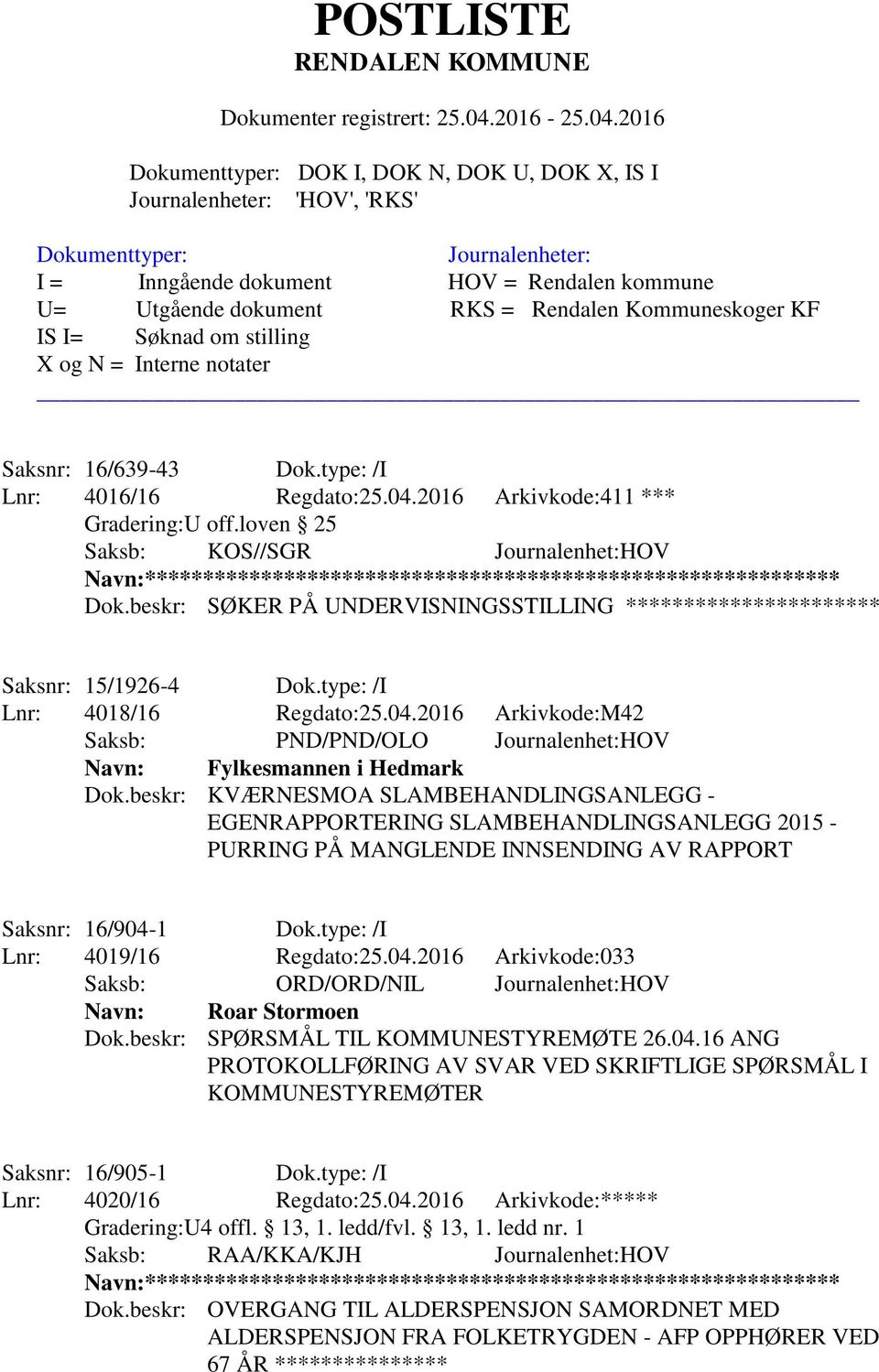 type: /I Lnr: 4018/16 Regdato:25.04.2016 Arkivkode:M42 Saksb: PND/PND/OLO Journalenhet:HOV Navn: Fylkesmannen i Hedmark Dok.