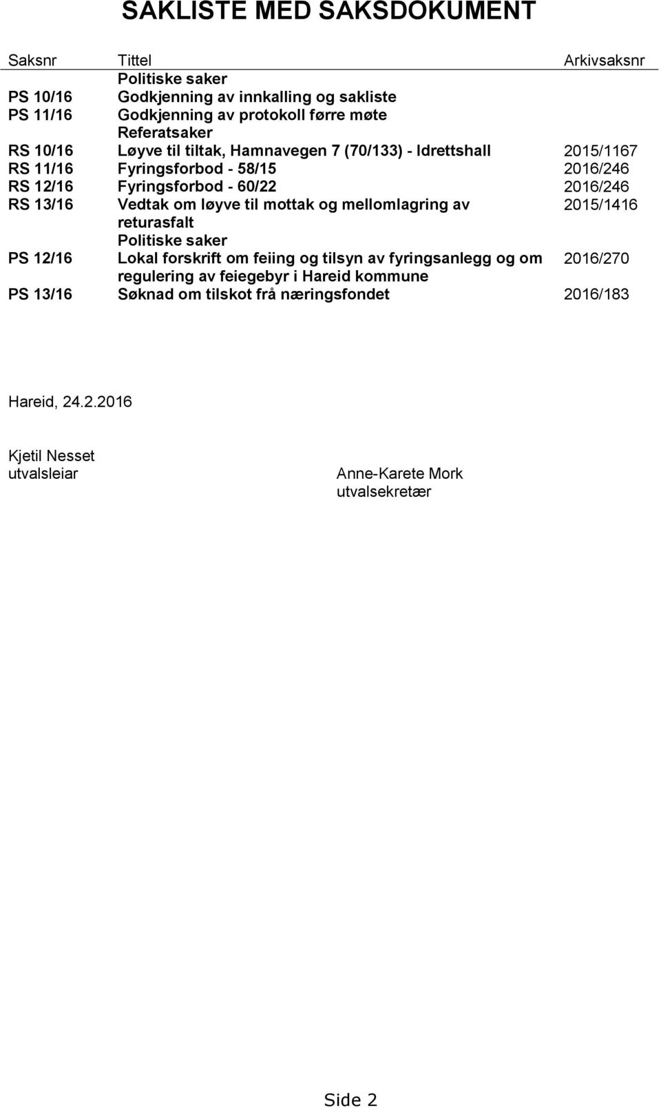 RS 13/16 Vedtak om løyve til mottak og mellomlagring av 2015/1416 returasfalt Politiske saker PS 12/16 Lokal forskrift om feiing og tilsyn av fyringsanlegg og om