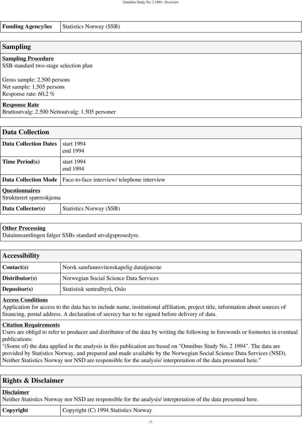 505 personer Data Collection Data Collection Dates start 1994 end 1994 Time Period(s) start 1994 end 1994 Data Collection Mode Questionnaires Strukturert spørreskjema Data Collector(s) Face-to-face