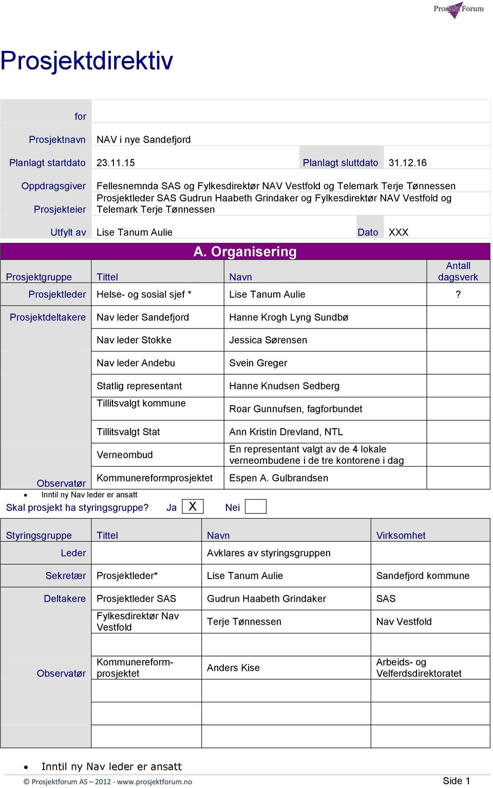 Tønnessen Utfylt av Lise Tanum Aulie Dato XXX A. Organisering Prosjektgruppe Tittel Navn Antall dagsverk Prosjektleder Helse- og sosial sjef * Lise Tanum Aulie?