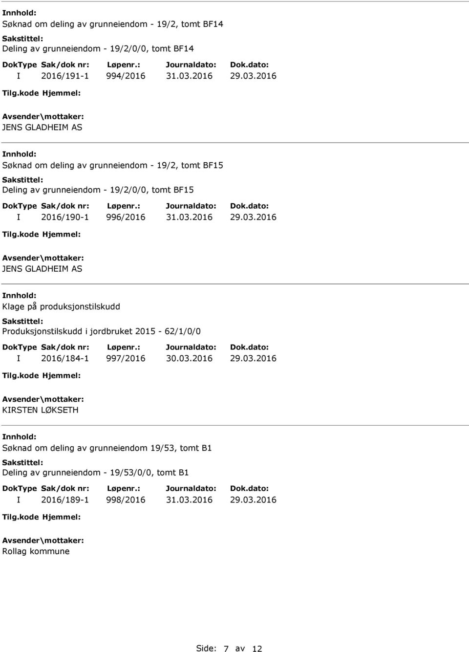 nnhold: Klage på produksjonstilskudd Produksjonstilskudd i jordbruket 2015-62/1/0/0 2016/184-1 997/2016 30.03.