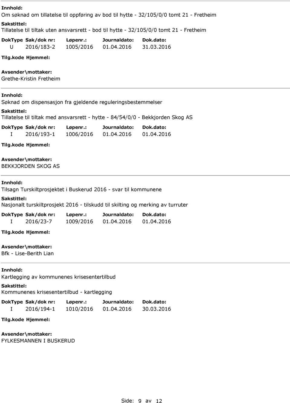 1006/2016 BEKKJORDEN SKOG AS nnhold: Tilsagn Turskiltprosjektet i Buskerud 2016 - svar til kommunene Nasjonalt turskiltprosjekt 2016 - tilskudd til skilting og merking av turruter 2016/23-7