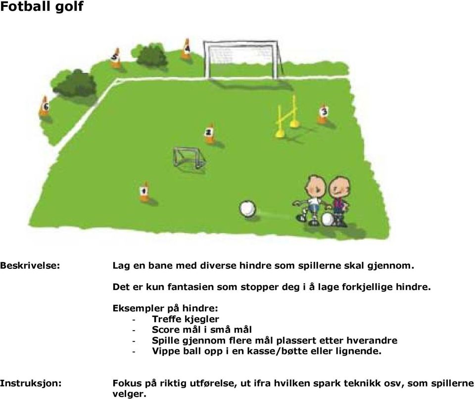 Eksempler på hindre: - Treffe kjegler - Score mål i små mål - Spille gjennom flere mål plassert