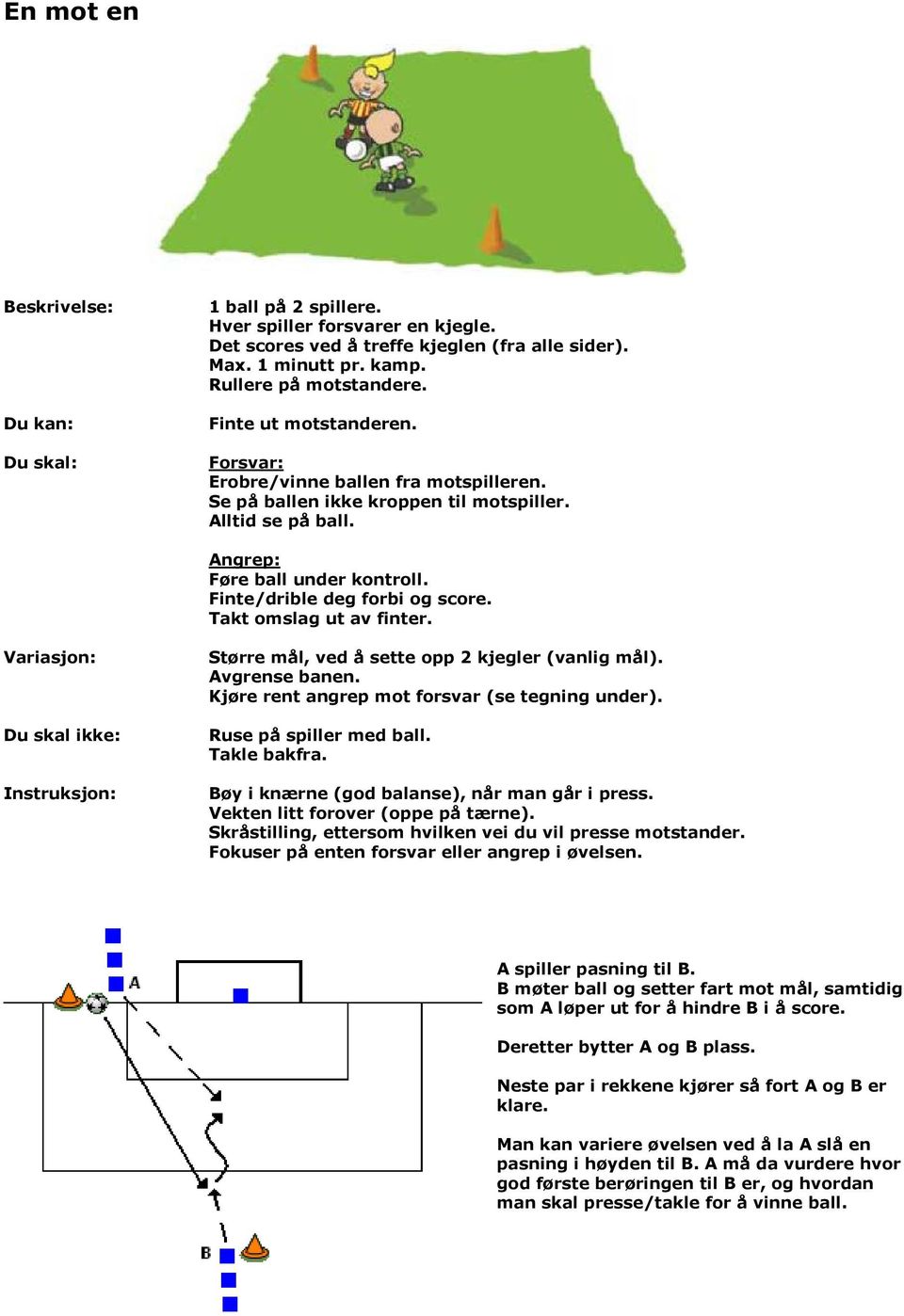 Større mål, ved å sette opp 2 kjegler (vanlig mål). Avgrense banen. Kjøre rent angrep mot forsvar (se tegning under). Ruse på spiller med ball. Takle bakfra.