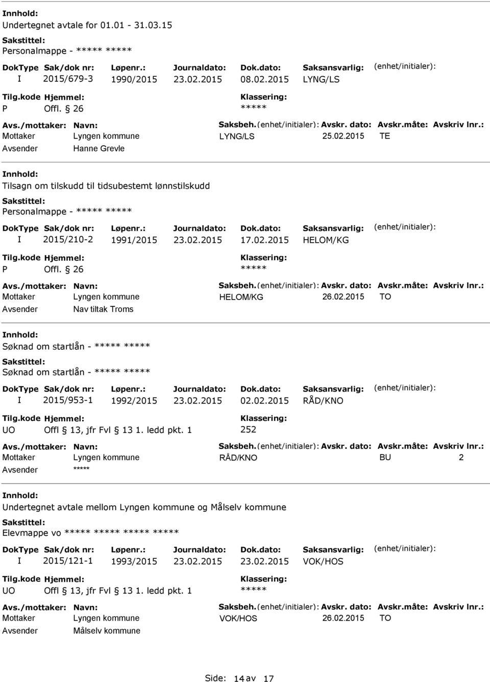 2015 TE Hanne Grevle nnhold: Tilsagn om tilskudd til tidsubestemt lønnstilskudd ersonalmappe - 2015/210-2 1991/2015 17.02.