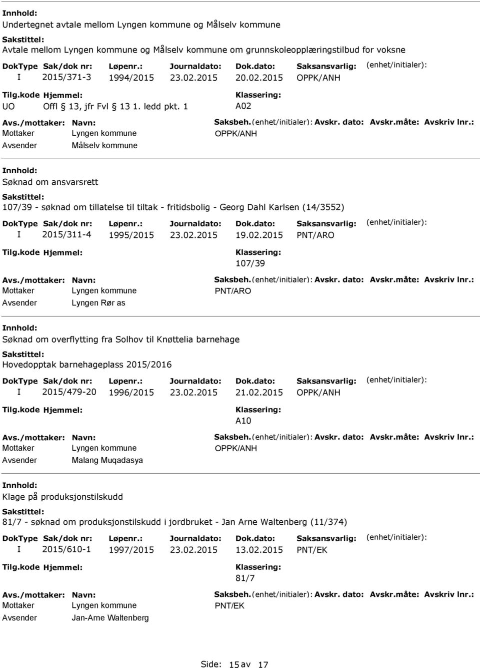 as nnhold: Søknad om overflytting fra Solhov til Knøttelia barnehage Hovedopptak barnehageplass 2015/2016 2015/479-20 1996/2015 21.02.