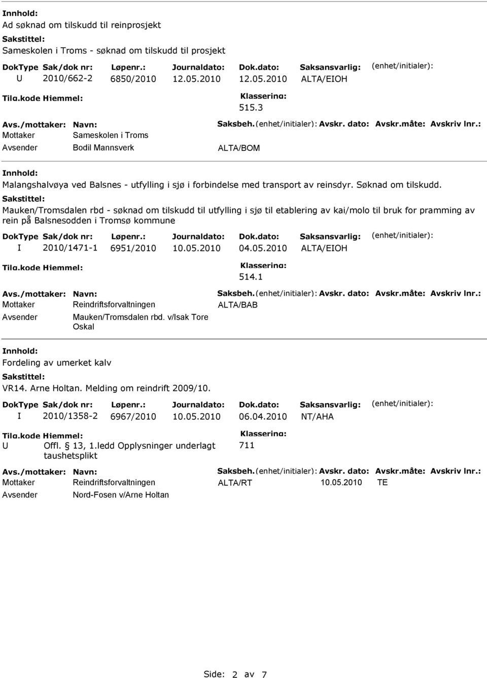 Mauken/Tromsdalen rbd - søknad om tilskudd til utfylling i sjø til etablering av kai/molo til bruk for pramming av rein på Balsnesodden i Tromsø kommune 2010/1471-1 6951/2010 04.05.