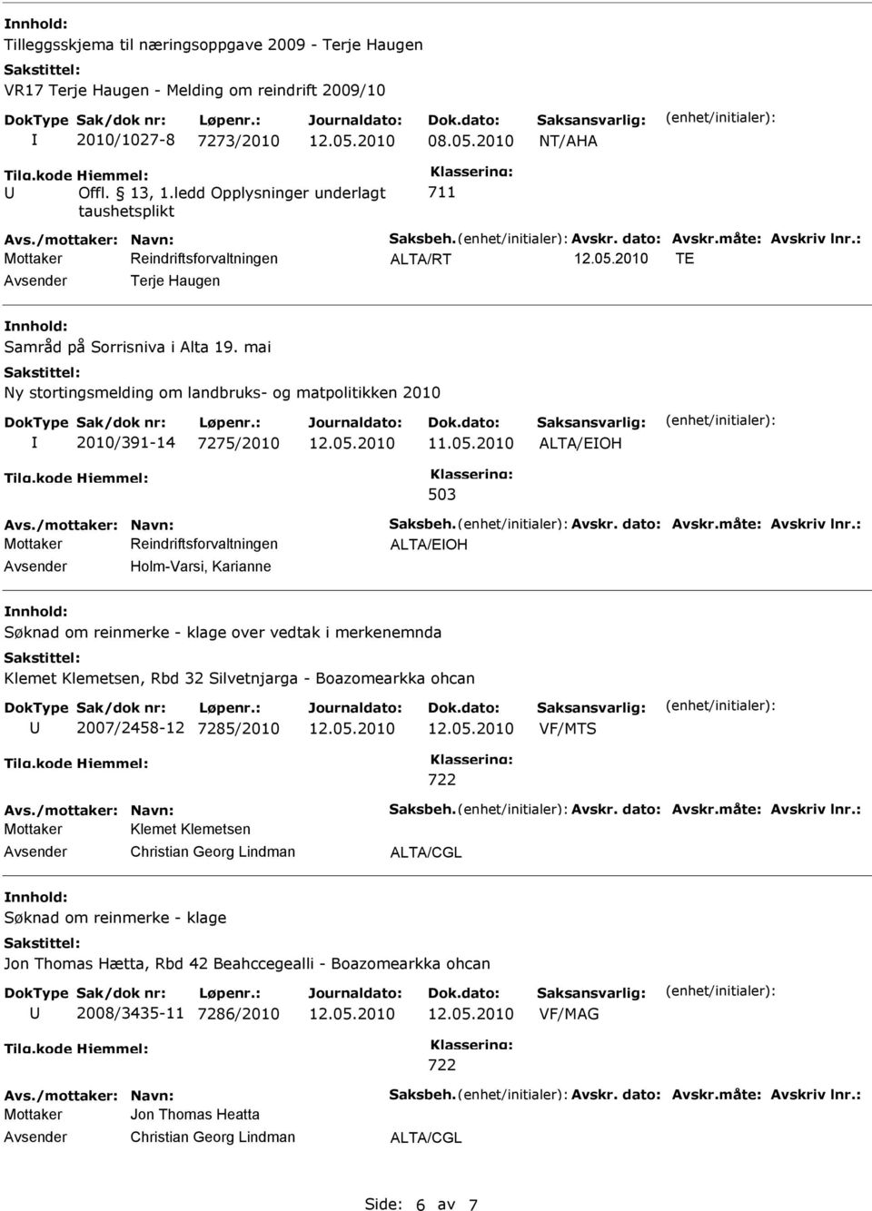 mai Ny stortingsmelding om landbruks- og matpolitikken 2010 2010/391-14 7275/2010 503 Holm-Varsi, Karianne Søknad om reinmerke - klage over vedtak i merkenemnda Klemet Klemetsen, Rbd