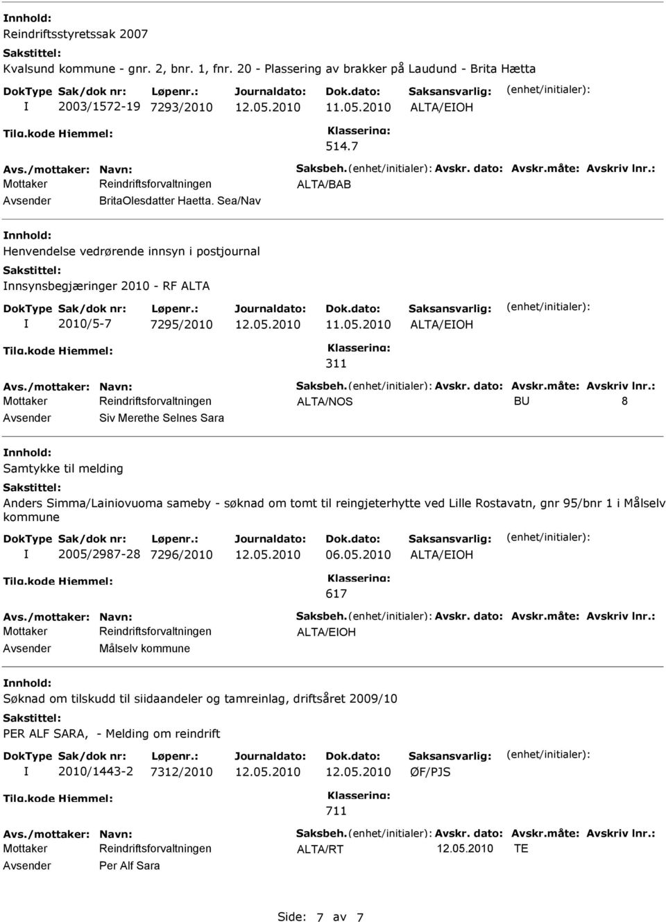 Sea/Nav Henvendelse vedrørende innsyn i postjournal nnsynsbegjæringer 2010 - RF ALTA 2010/5-7 7295/2010 311 ALTA/NOS B 8 Siv Merethe Selnes Sara Samtykke til melding