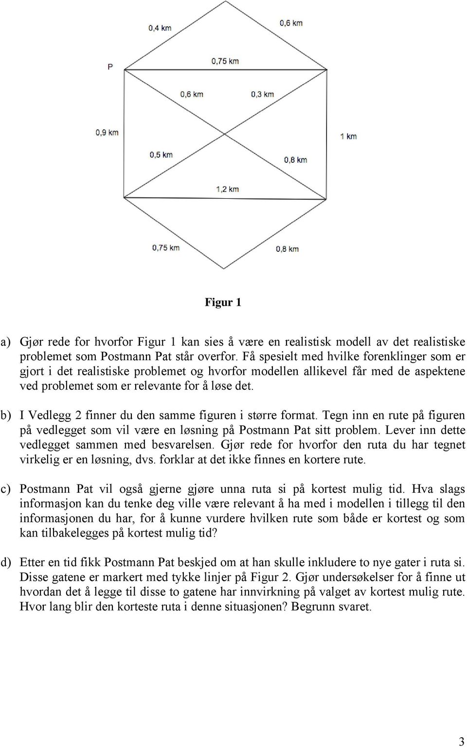 b) I Vedlegg 2 finner du den samme figuren i større format. Tegn inn en rute på figuren på vedlegget som vil være en løsning på Postmann Pat sitt problem.