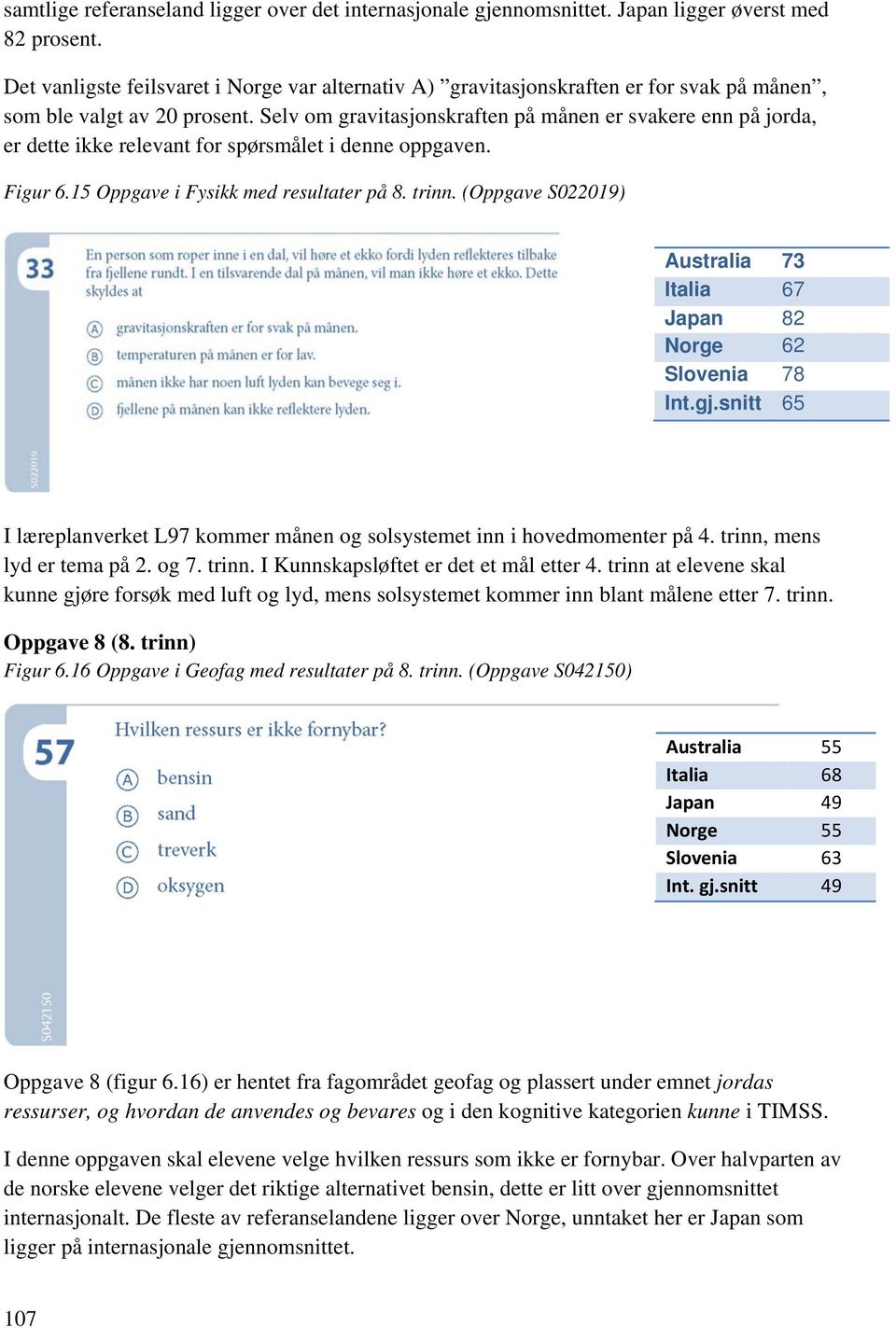 Selv om gravitasjonskraften på månen er svakere enn på jorda, er dette ikke relevant for spørsmålet i denne oppgaven. Figur 6.15 Oppgave i Fysikk med resultater på 8. trinn.