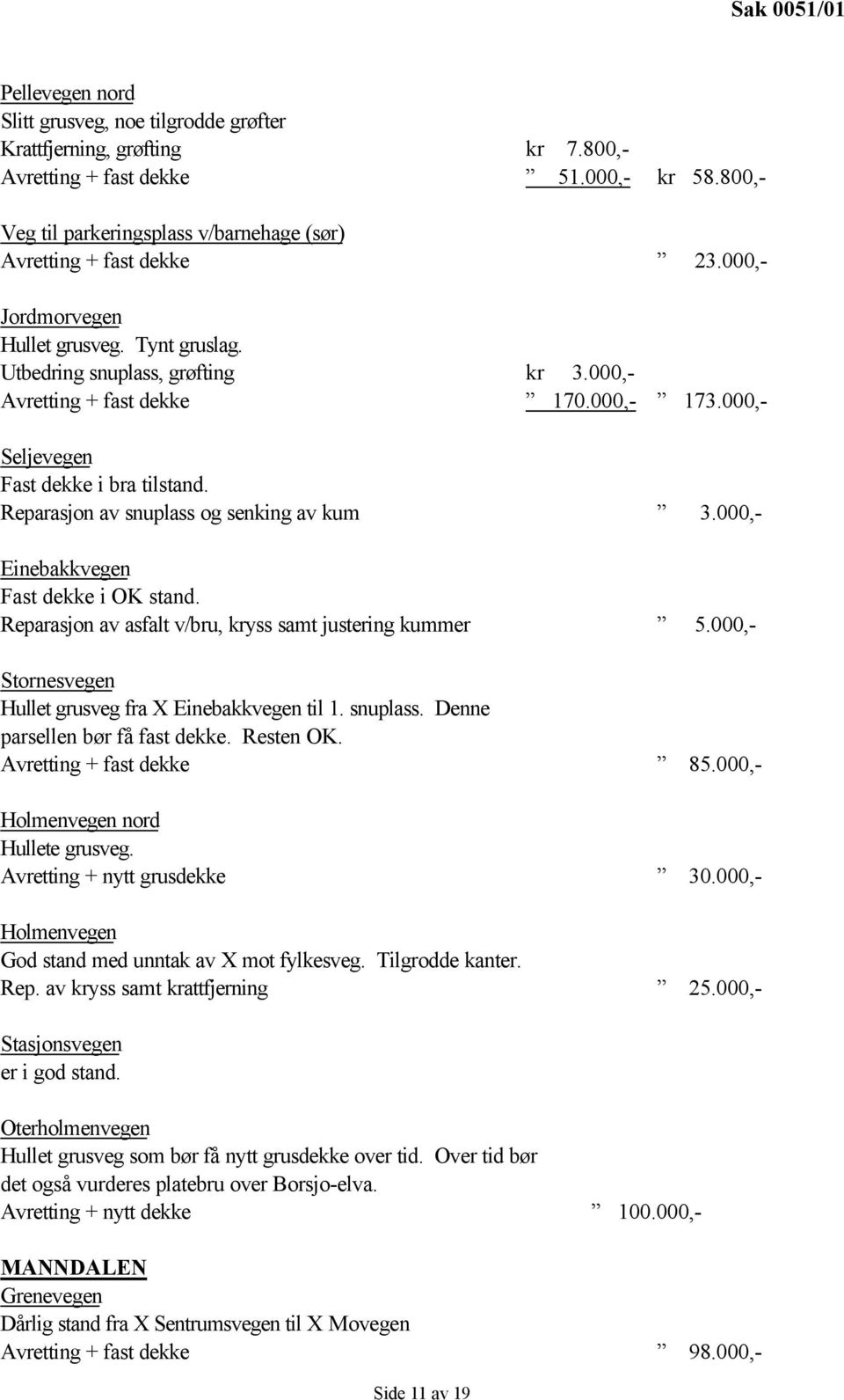 000,- Seljevegen Fast dekke i bra tilstand. Reparasjon av snuplass og senking av kum 3.000,- Einebakkvegen Fast dekke i OK stand. Reparasjon av asfalt v/bru, kryss samt justering kummer 5.