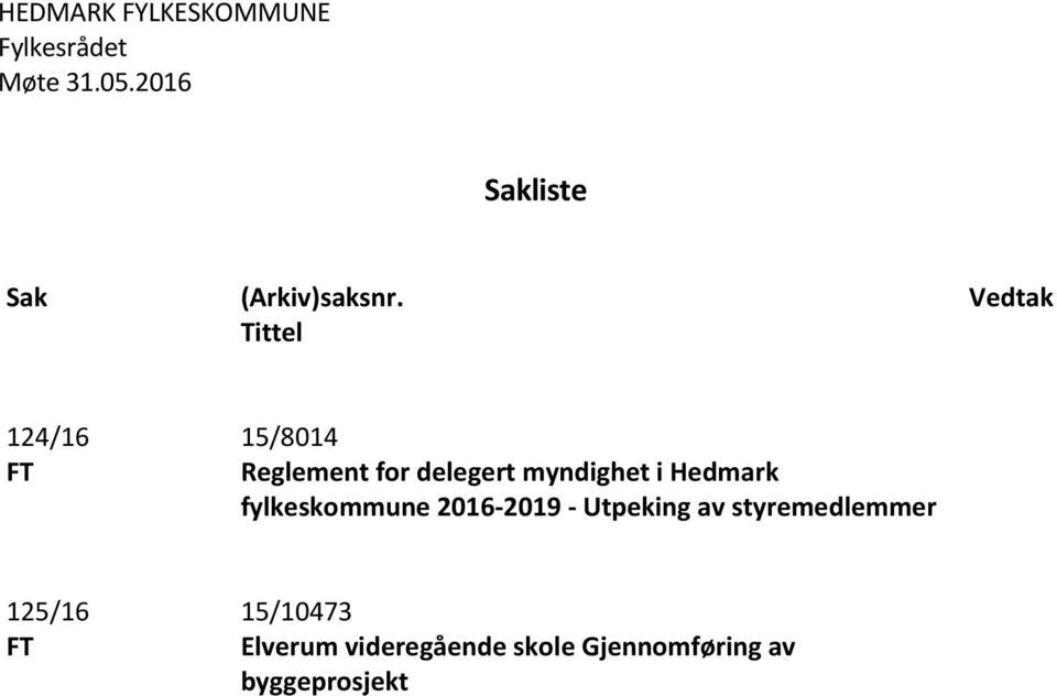 Hedmark fylkeskommune 2016-2019 - Utpeking av styremedlemmer 125/16