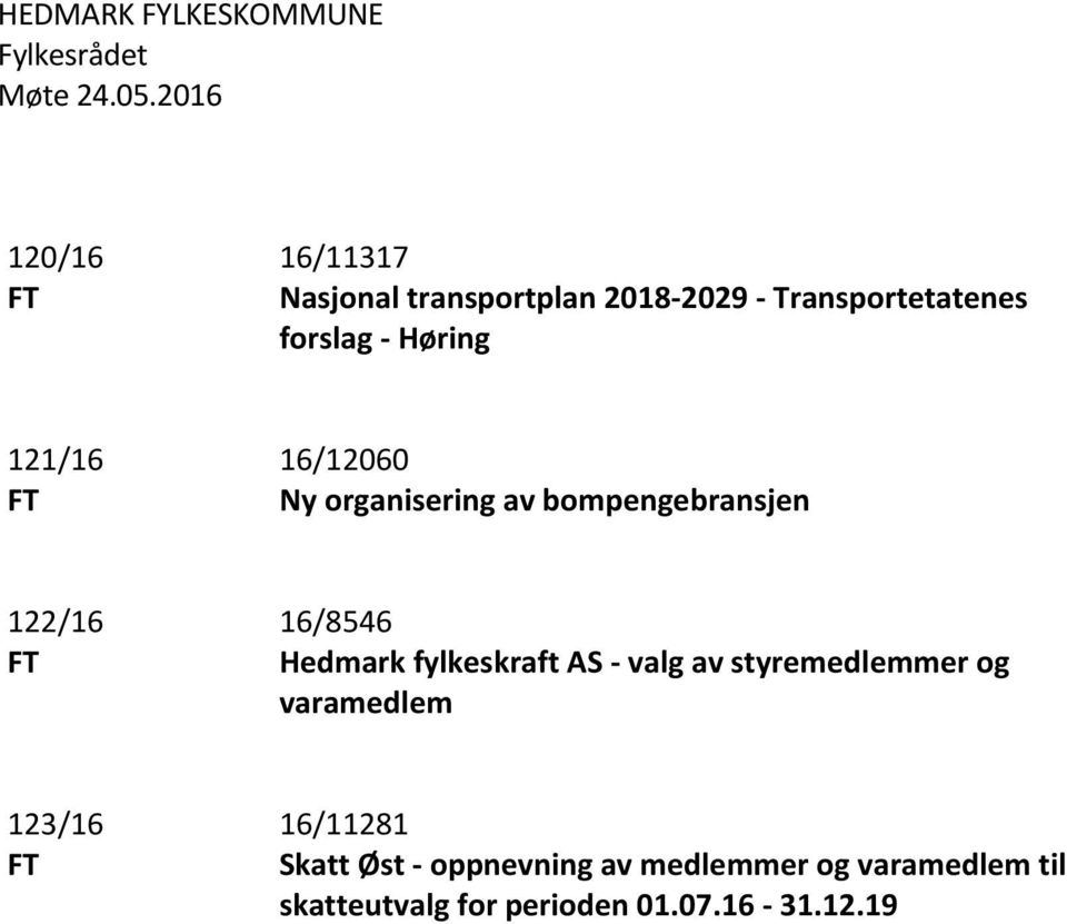 121/16 FT 16/12060 Ny organisering av bompengebransjen 122/16 FT 16/8546 Hedmark fylkeskraft