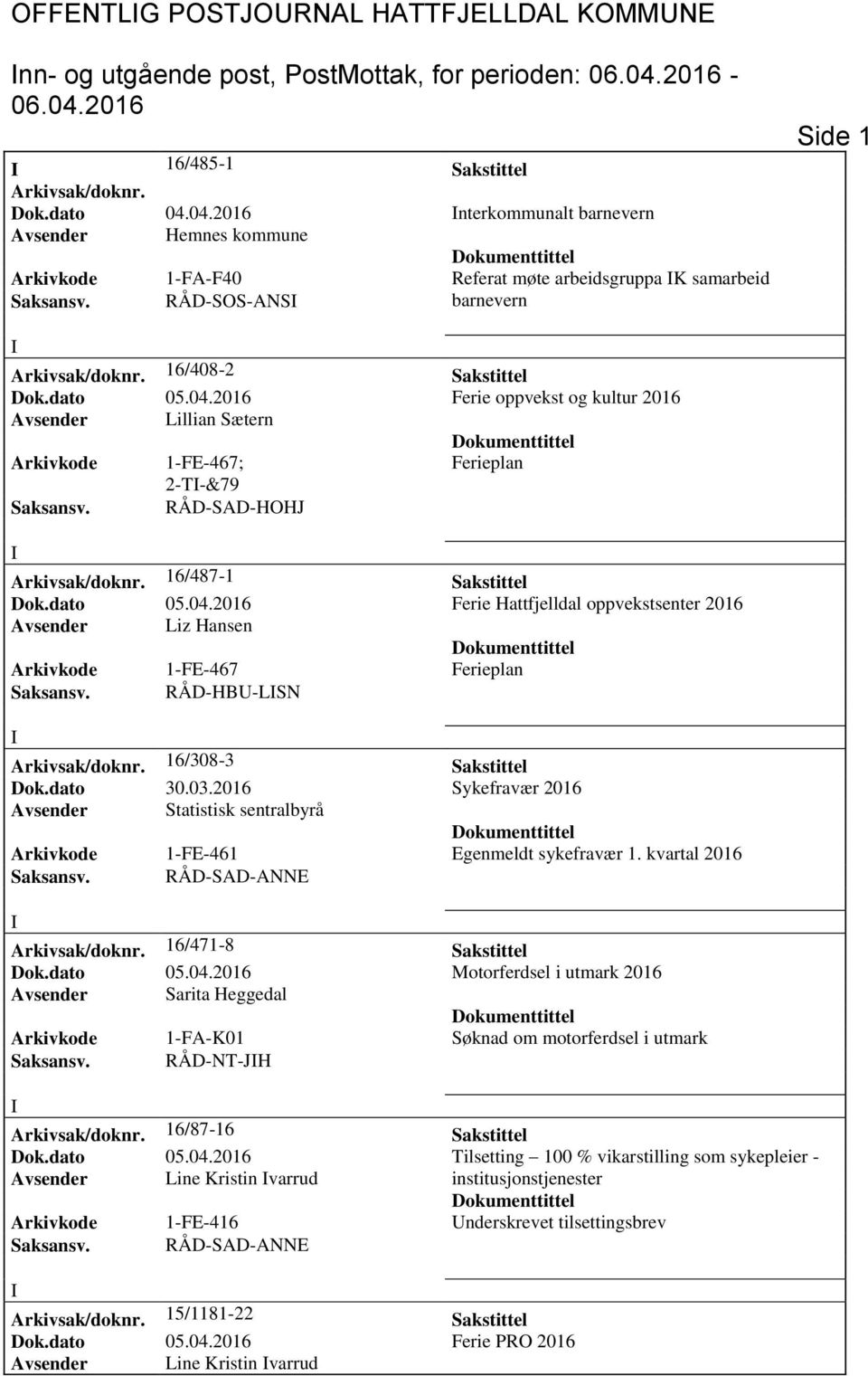 16/487-1 Sakstittel Dok.dato 05.04.2016 Ferie Hattfjelldal oppvekstsenter 2016 Avsender Liz Hansen Arkivkode 1-FE-467 RÅD-HB-LSN Arkivsak/doknr. 16/308-3 Sakstittel Dok.dato 30.03.