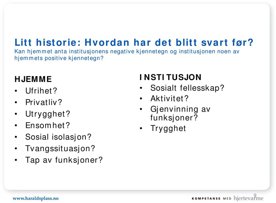 hjemmets positive kjennetegn? HJEMME Ufrihet? Privatliv? Utrygghet? Ensomhet?