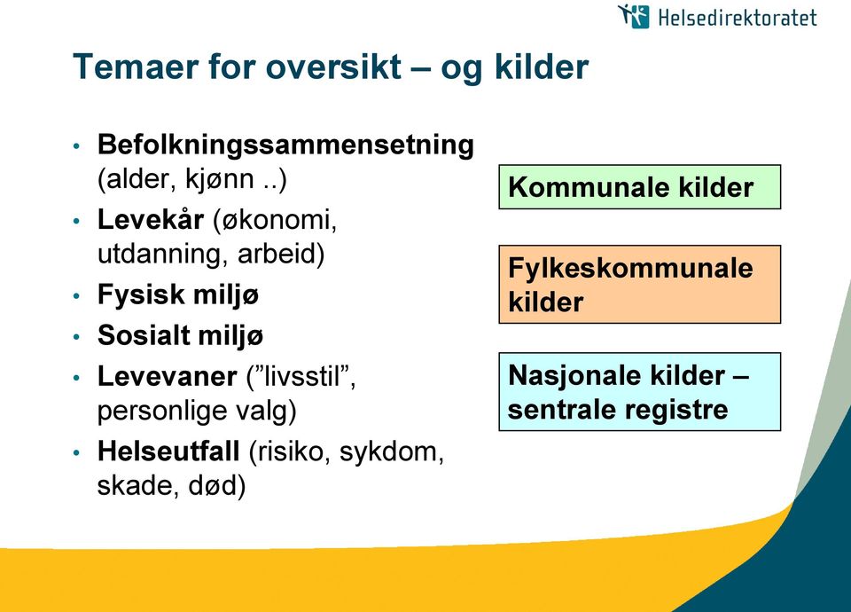 Levevaner ( livsstil, personlige valg) Helseutfall (risiko, sykdom,