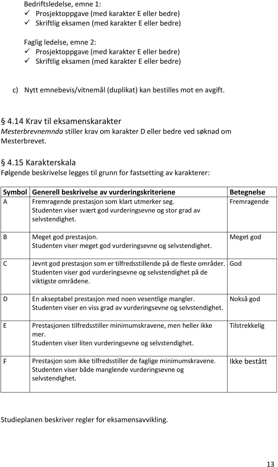 14 Krav til eksamenskarakter Mesterbrevnemnda stiller krav om karakter D eller bedre ved søknad om Mesterbrevet. 4.