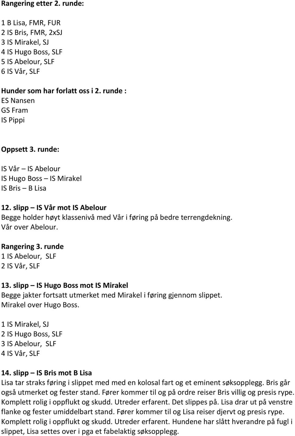 slipp IS Vår mot IS Abelour Begge holder høyt klassenivå med Vår i føring på bedre terrengdekning. Vår over Abelour. Rangering 3. runde 1 IS Abelour, SLF 2 IS Vår, SLF 13.