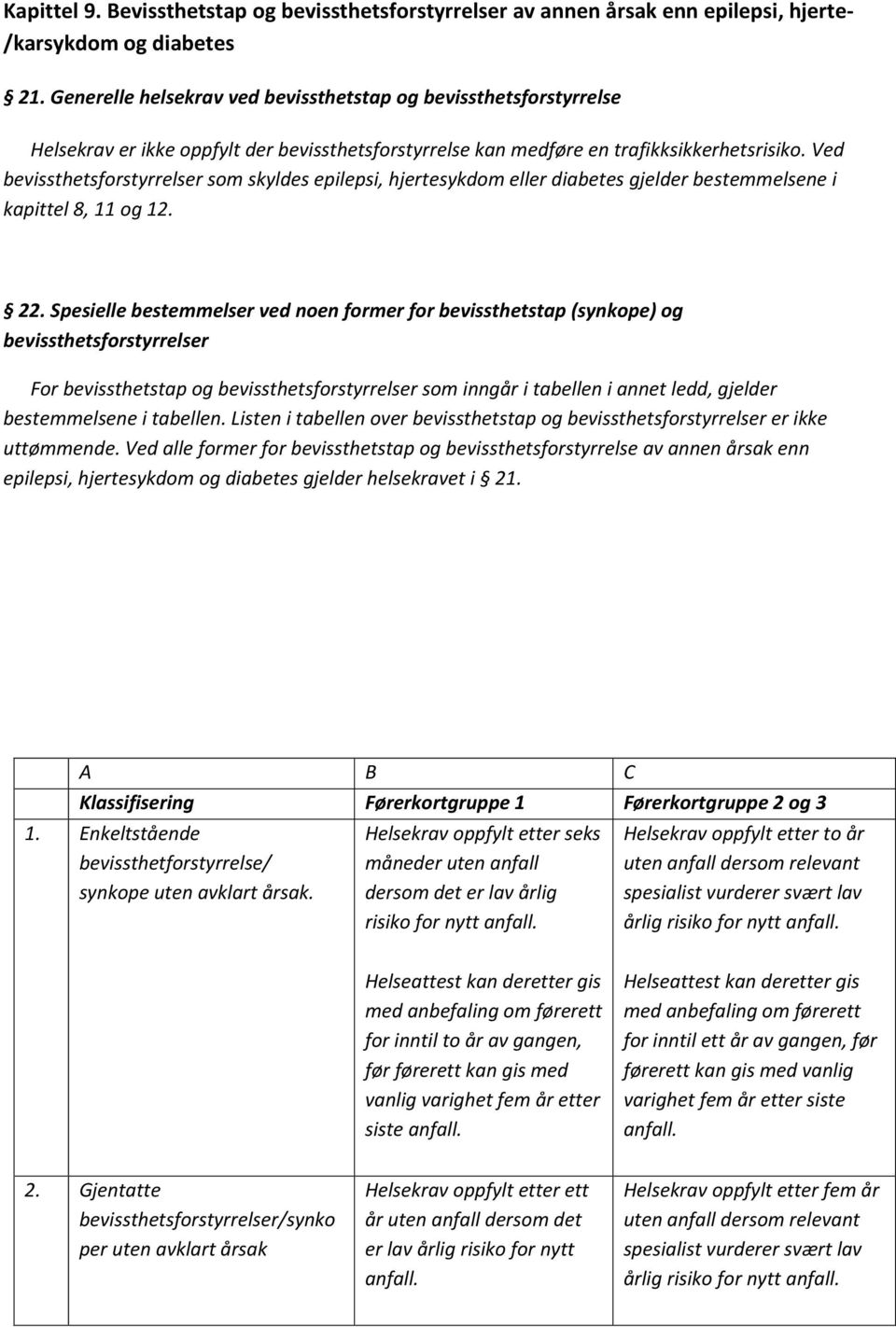 Ved bevissthetsforstyrrelser som skyldes epilepsi, hjertesykdom eller diabetes gjelder bestemmelsene i kapittel 8, 11 og 12. 22.