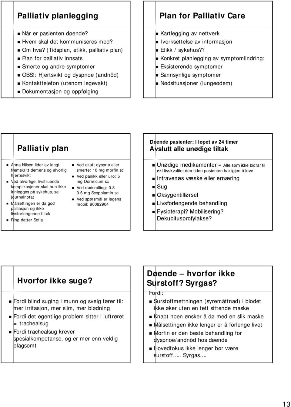 ? Konkret planlegging av symptomlindring: Eksisterende symptomer Sannsynlige symptomer Nødsituasjoner (lungeødem) Palliativ plan Døende pasienter: I løpet l av 24 timer Avslutt alle unødige tiltak