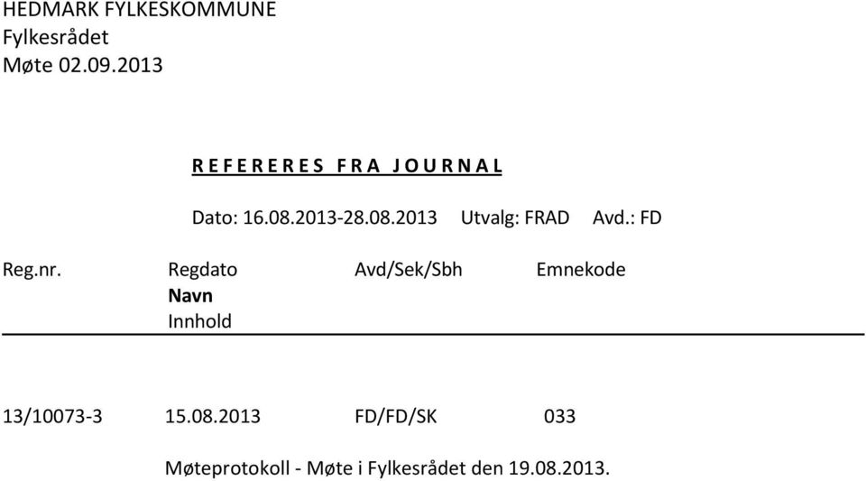 2013-28.08.2013 Utvalg: FRAD Avd.: FD Reg.nr.