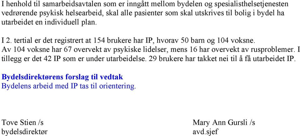 Av 104 voksne har 67 overvekt av psykiske lidelser, mens 16 har overvekt av rusproblemer. I tillegg er det 42 IP som er under utarbeidelse.