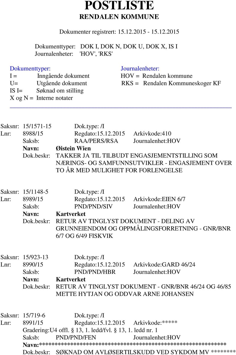 2015 Arkivkode:EIEN 6/7 Saksb: PND/PND/SIV Journalenhet:HOV Dok.beskr: RETUR AV TINGLYST DOKUMENT - DELING AV GRUNNEIENDOM OG OPPMÅLINGSFORRETNING - GNR/BNR 6/7 OG 6/49 FISKVIK Saksnr: 15/923-13 Dok.