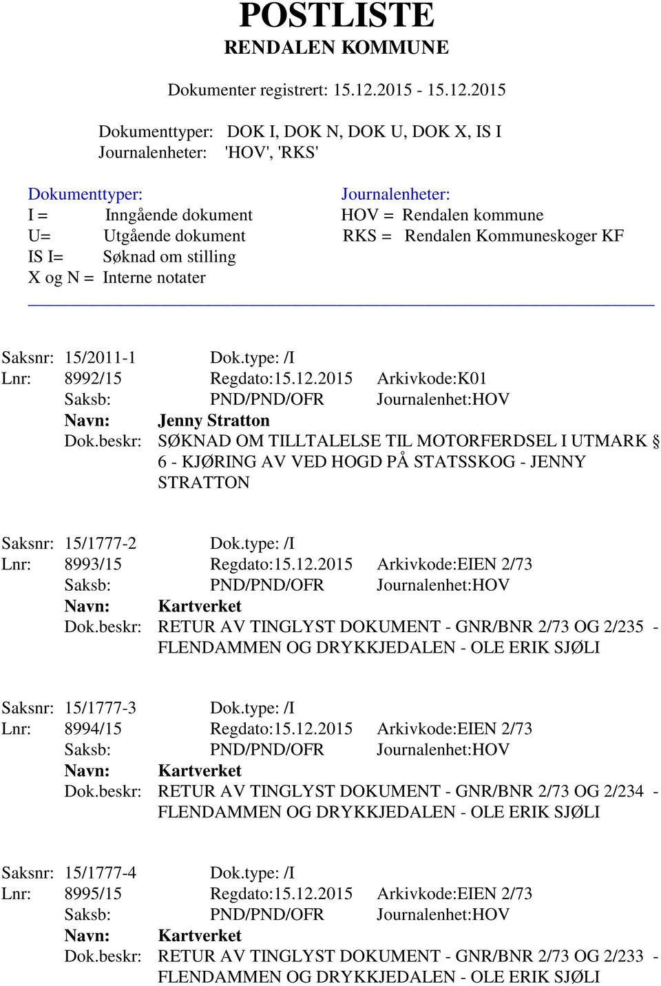 12.2015 Arkivkode:EIEN 2/73 Dok.beskr: RETUR AV TINGLYST DOKUMENT - GNR/BNR 2/73 OG 2/235 - Saksnr: 15/1777-3 Dok.type: /I Lnr: 8994/15 Regdato:15.12.2015 Arkivkode:EIEN 2/73 Dok.beskr: RETUR AV TINGLYST DOKUMENT - GNR/BNR 2/73 OG 2/234 - Saksnr: 15/1777-4 Dok.