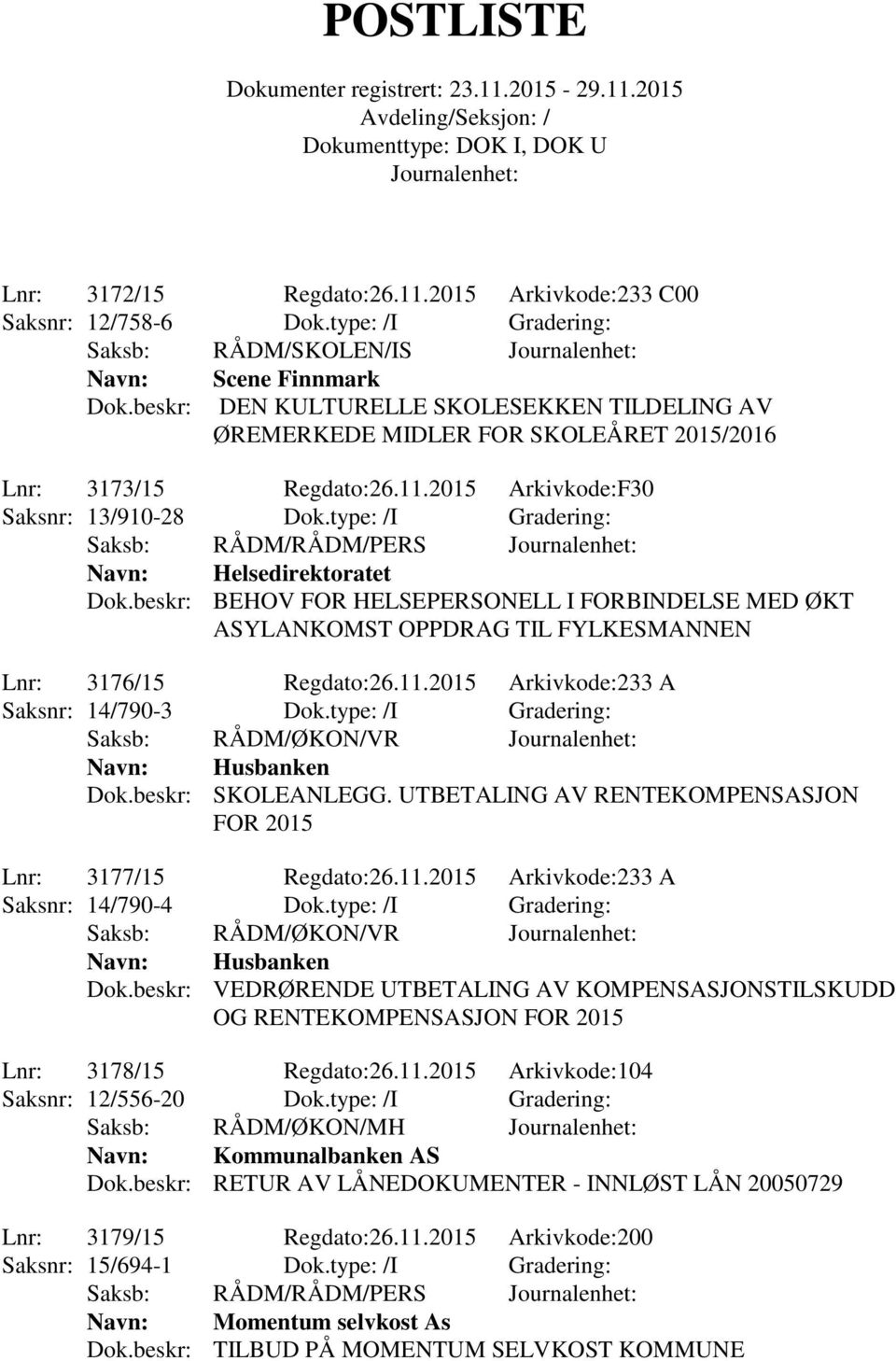 type: /I Gradering: Navn: Helsedirektoratet Dok.beskr: BEHOV FOR HELSEPERSONELL I FORBINDELSE MED ØKT ASYLANKOMST OPPDRAG TIL FYLKESMANNEN Lnr: 3176/15 Regdato:26.11.