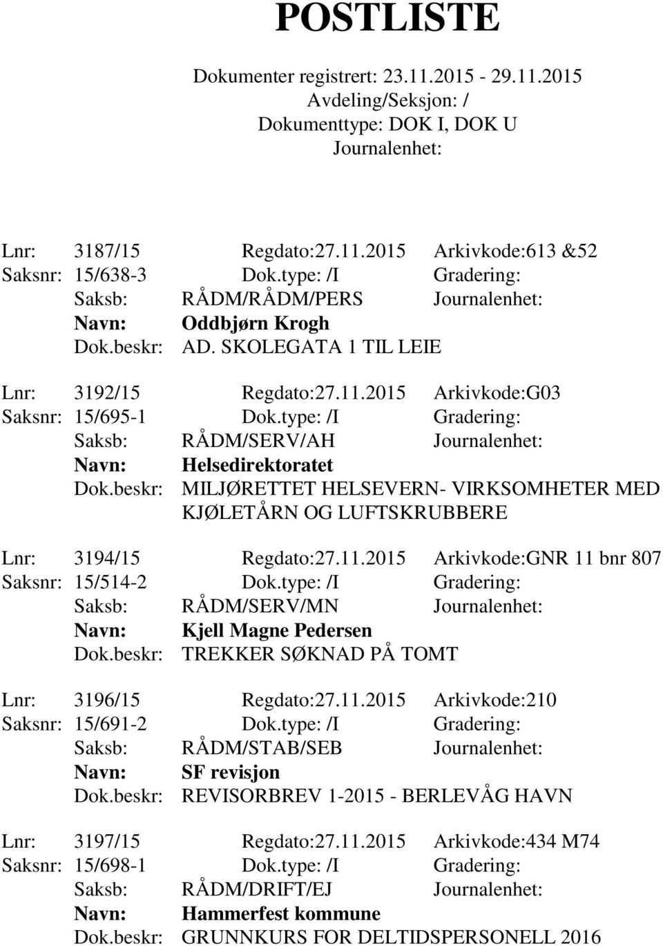 2015 Arkivkode:GNR 11 bnr 807 Saksnr: 15/514-2 Dok.type: /I Gradering: Saksb: RÅDM/SERV/MN Navn: Kjell Magne Pedersen Dok.beskr: TREKKER SØKNAD PÅ TOMT Lnr: 3196/15 Regdato:27.11.2015 Arkivkode:210 Saksnr: 15/691-2 Dok.