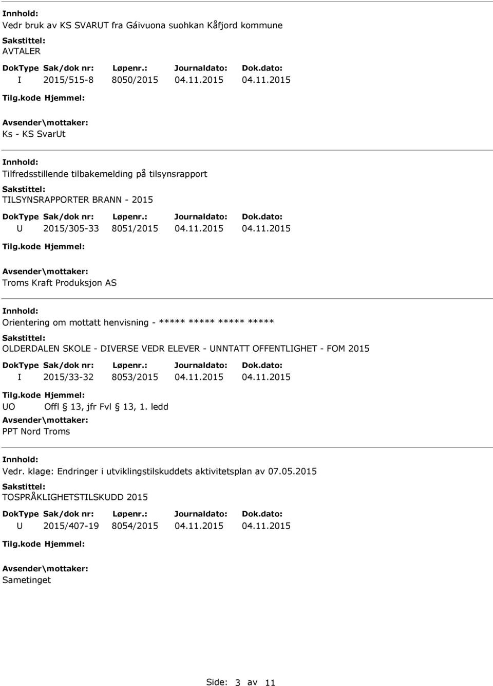 ***** ***** OLDERDALEN SKOLE - DVERSE VEDR ELEVER - NNTATT OFFENTLGHET - FOM 2015 2015/33-32 8053/2015 O Offl 13, jfr Fvl 13, 1.