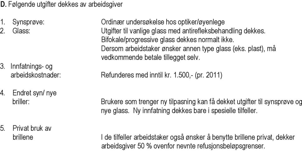 Innfatnings- og arbeidskostnader: Refunderes med inntil kr. 1.500,- (pr. 2011) 4. Endret syn/ nye briller: 5.