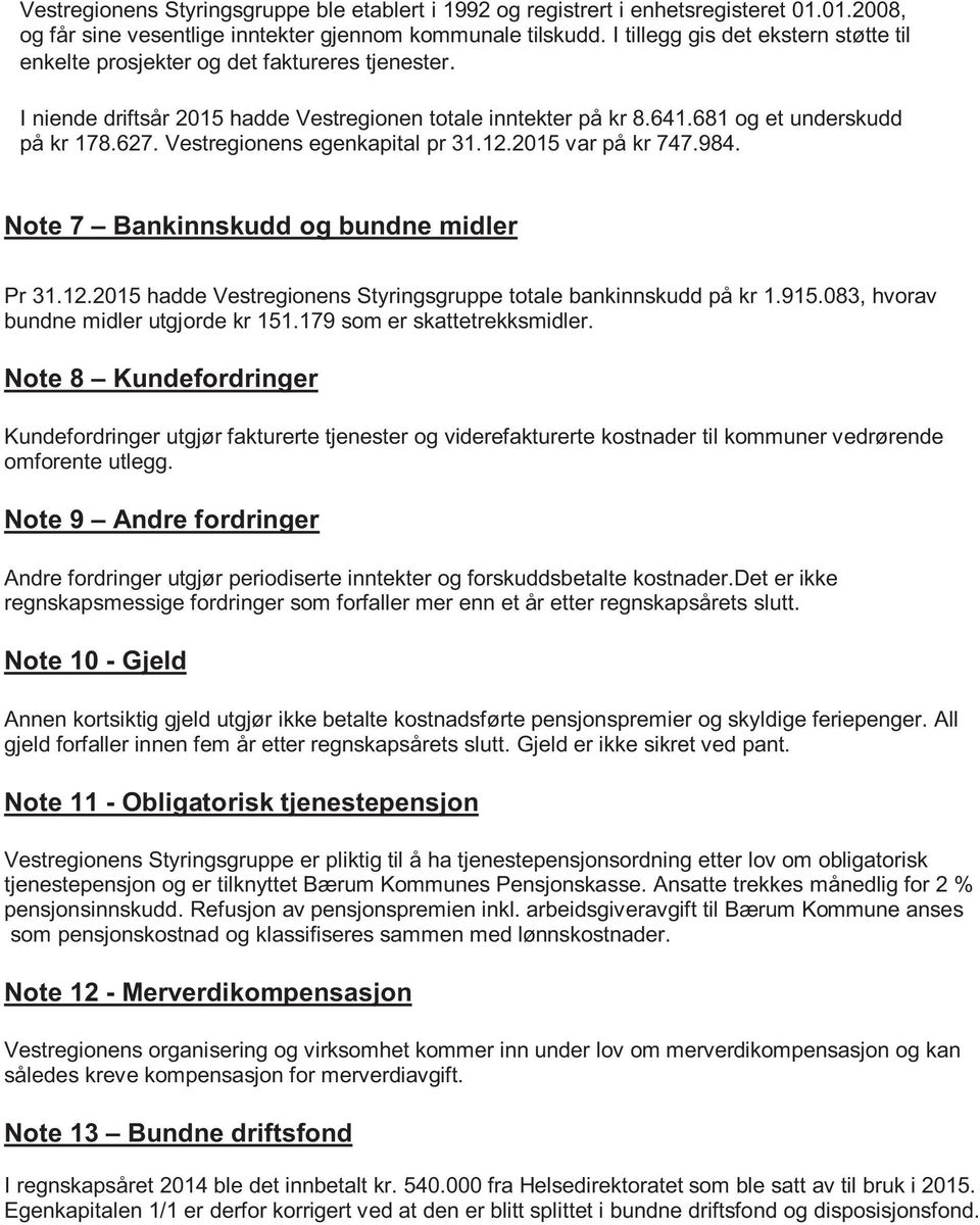 Vestregionens egenkapital pr 31.12.2015 var på kr 747.984. Note 7 Bankinnskudd og bundne midler Pr 31.12.2015 hadde Vestregionens Styringsgruppe totale bankinnskudd på kr 1.915.