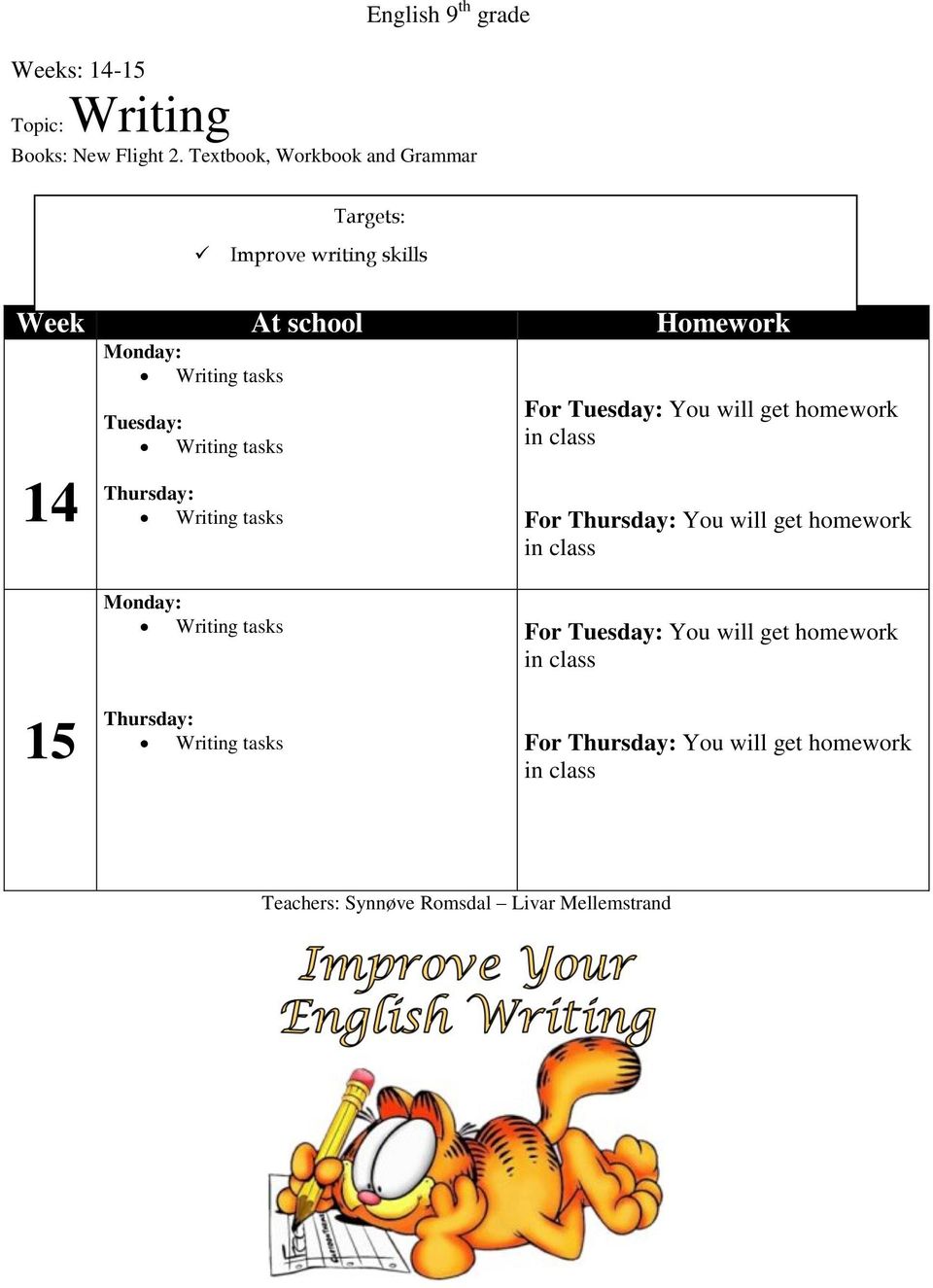Writing tasks Thursday: Writing tasks For Tuesday: You will get homework in class For Thursday: You will get homework in