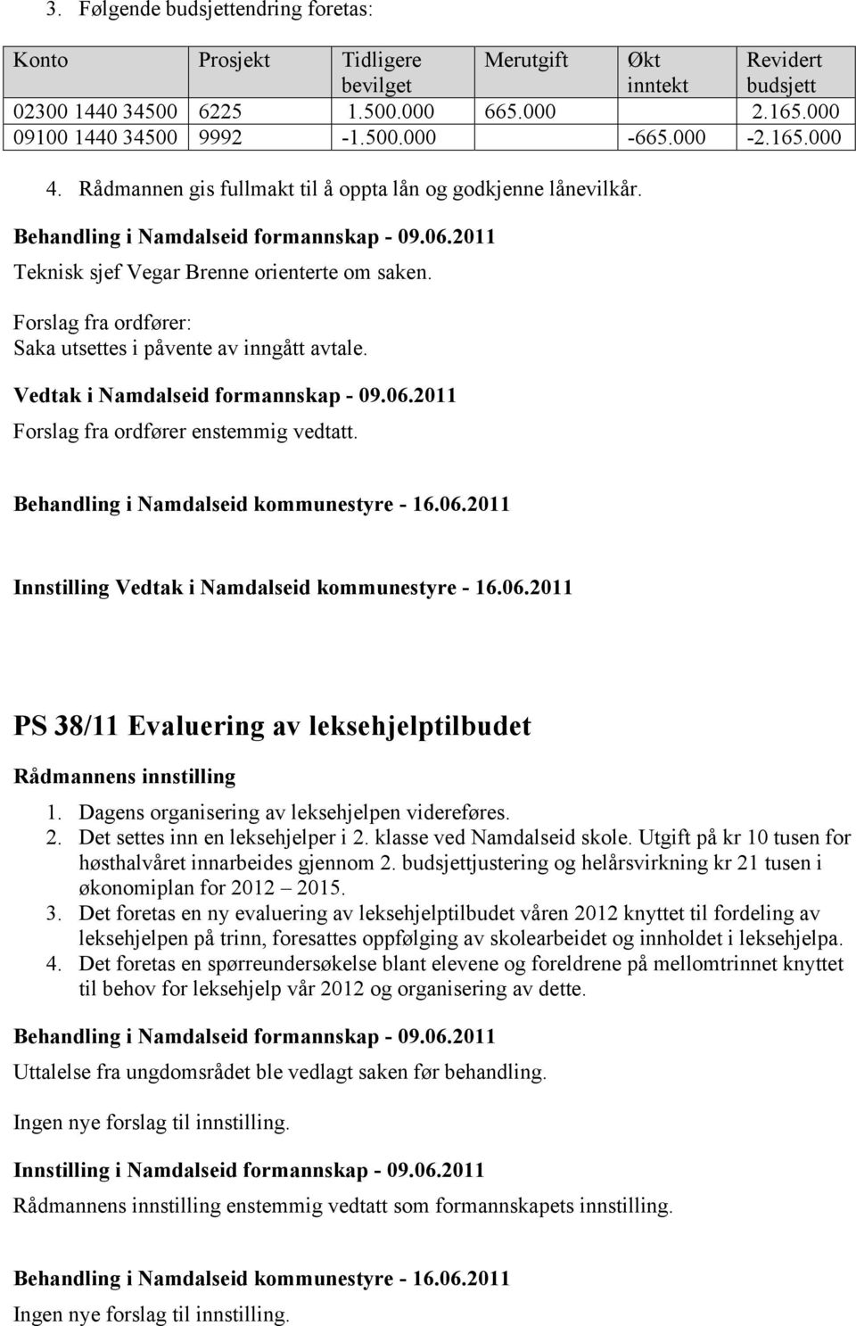 Vedtak i Namdalseid formannskap - 09.06.2011 Forslag fra ordfører enstemmig vedtatt. Innstilling PS 38/11 Evaluering av leksehjelptilbudet 1. Dagens organisering av leksehjelpen videreføres. 2.