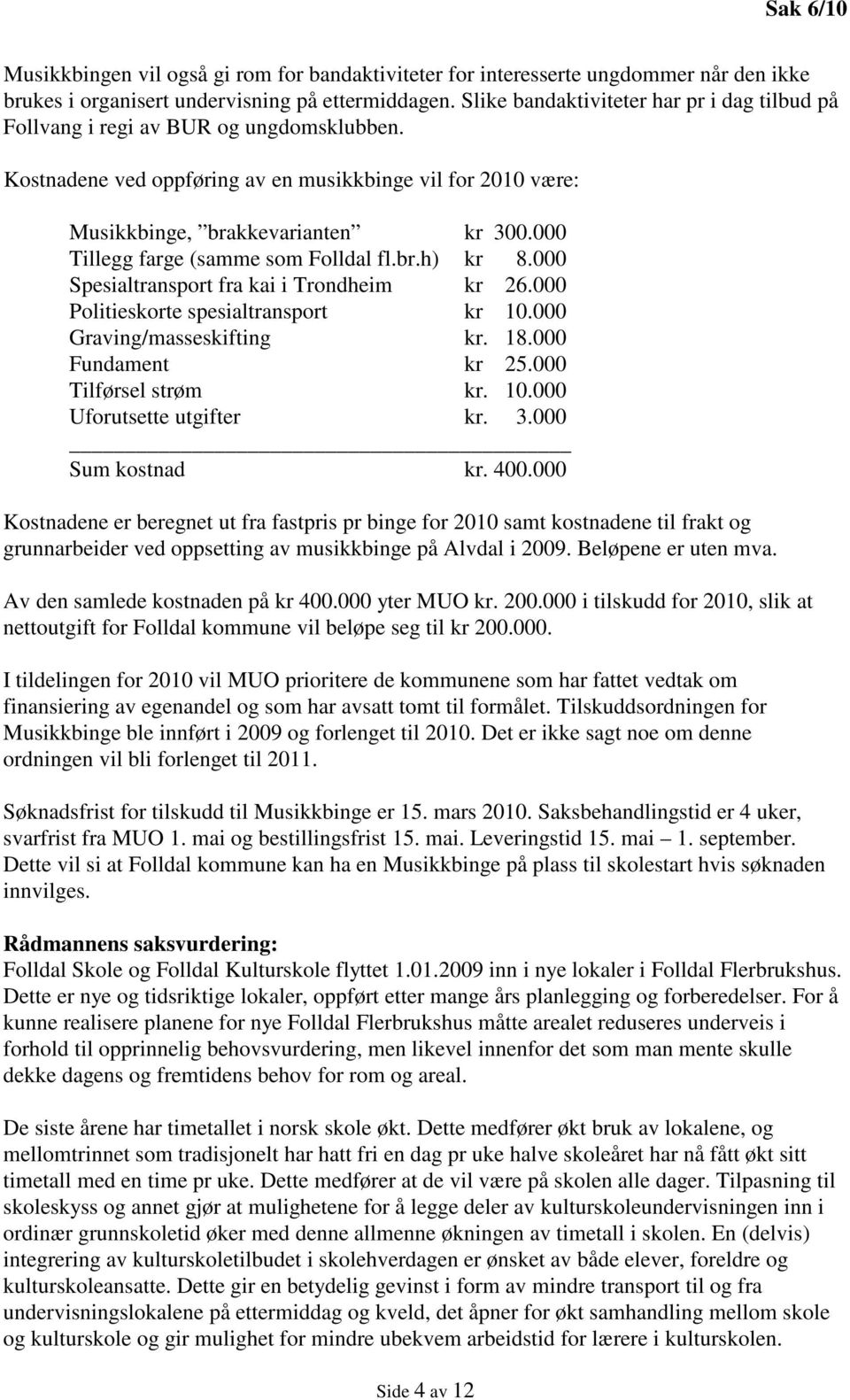 000 Tillegg farge (samme som Folldal fl.br.h) kr 8.000 Spesialtransport fra kai i Trondheim kr 26.000 Politieskorte spesialtransport kr 10.000 Graving/masseskifting kr. 18.000 Fundament kr 25.