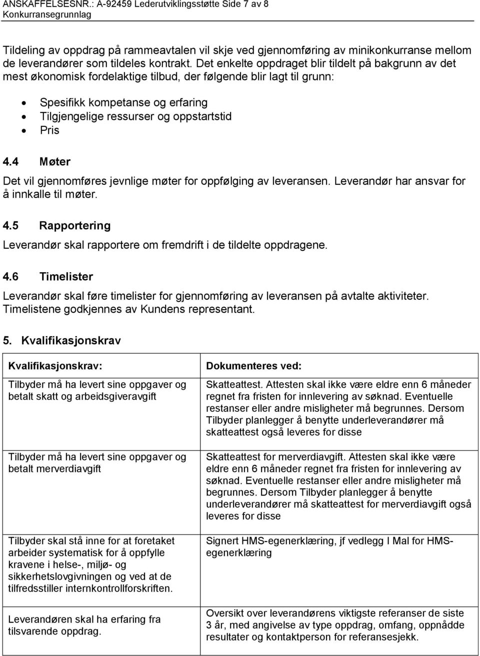 Pris 4.4 Møter Det vil gjennomføres jevnlige møter for oppfølging av leveransen. Leverandør har ansvar for å innkalle til møter. 4.5 Rapportering Leverandør skal rapportere om fremdrift i de tildelte oppdragene.