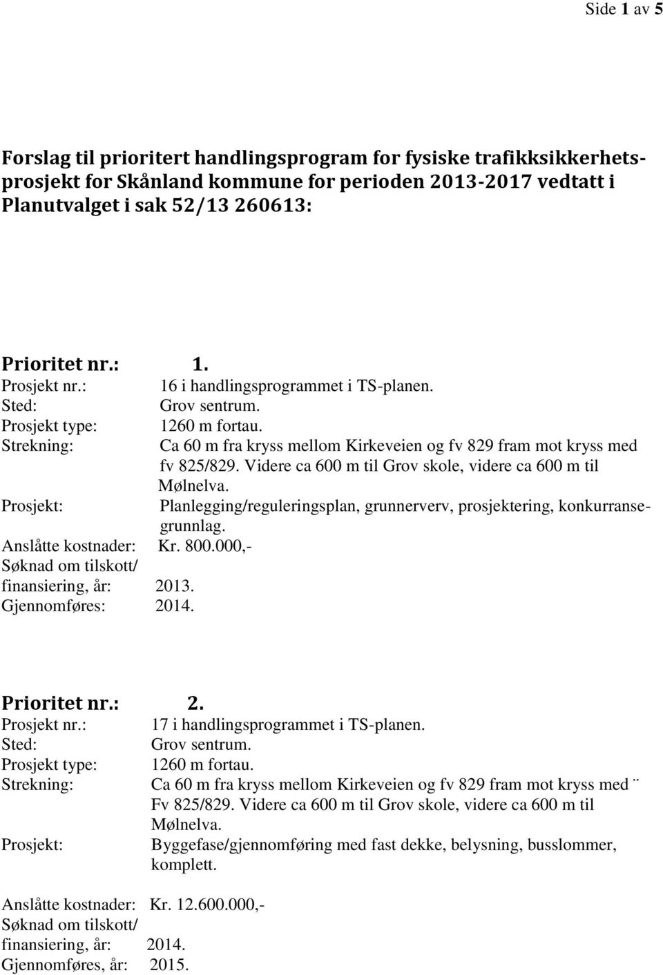 Ca 60 m fra kryss mellom Kirkeveien og fv 829 fram mot kryss med fv 825/829. Videre ca 600 m til Grov skole, videre ca 600 m til Mølnelva.