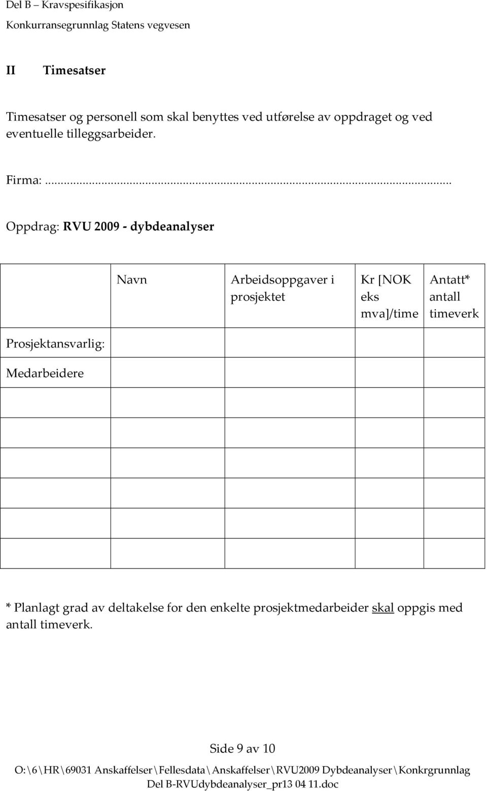 .. Oppdrag: RVU 2009 dybdeanalyser Navn Arbeidsoppgaver i prosjektet Kr [NOK eks mva]/time