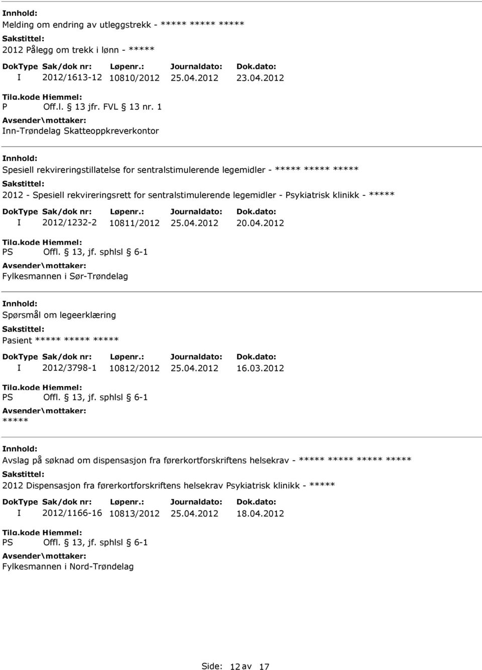 sentralstimulerende legemidler - Psykiatrisk klinikk - 2012/1232-2 10811/2012 Fylkesmannen i Sør-Trøndelag Spørsmål om legeerklæring Pasient 2012/3798-1