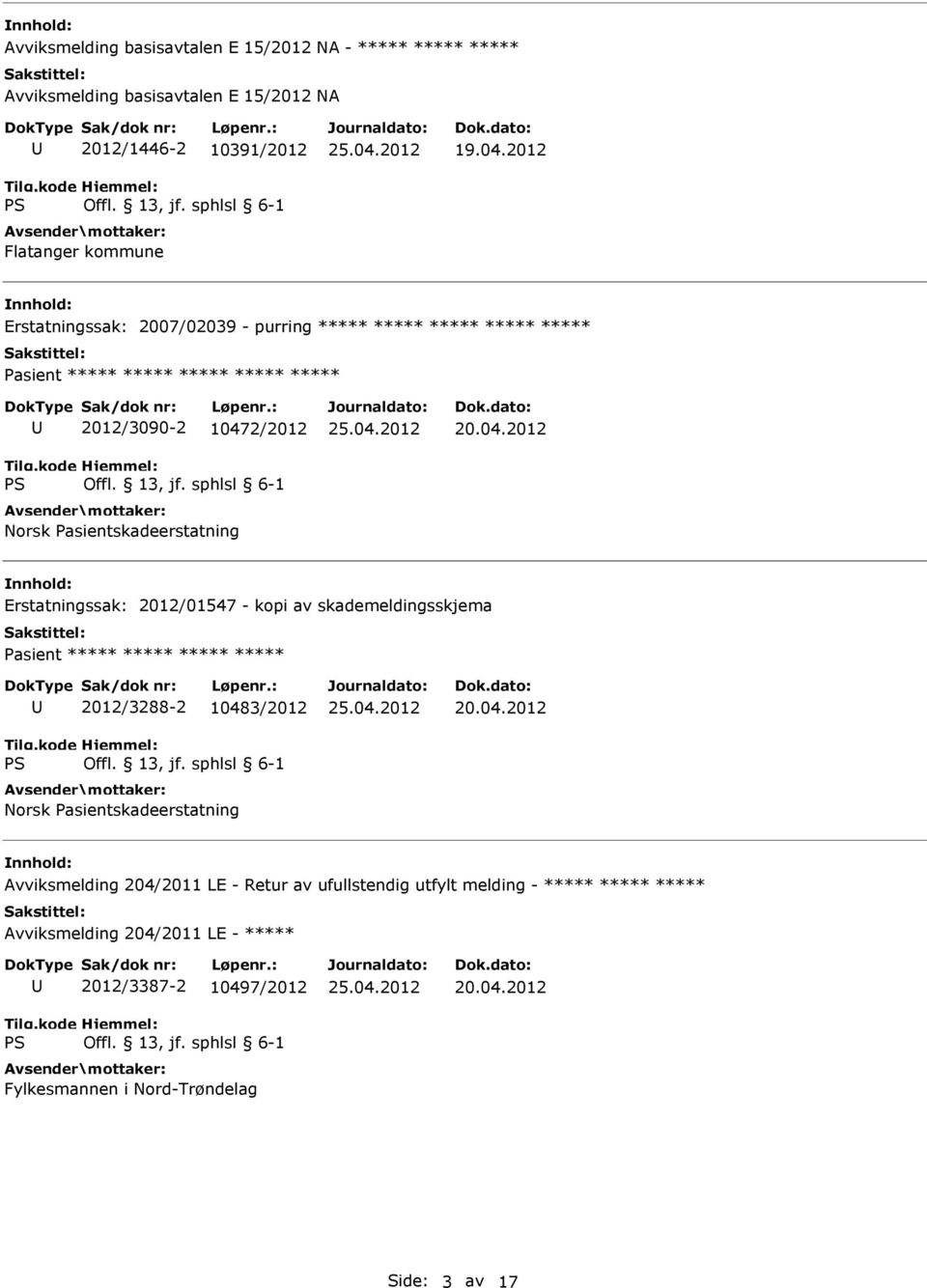 Erstatningssak: 2012/01547 - kopi av skademeldingsskjema Pasient 2012/3288-2 10483/2012 Norsk Pasientskadeerstatning