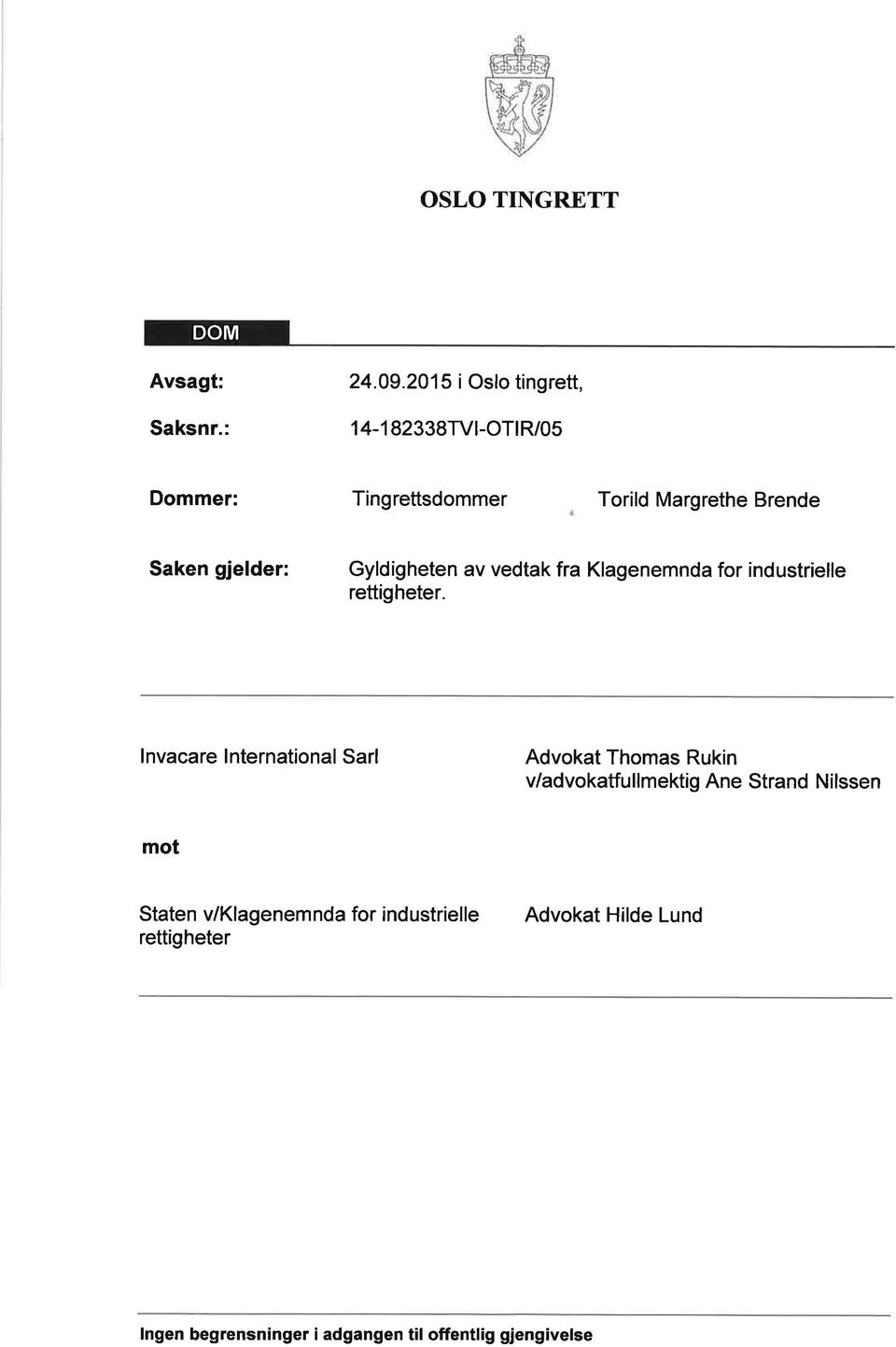 gjelder: Gyldigheten v vedtk fr Klgenemnd for industrielle rettigheter.