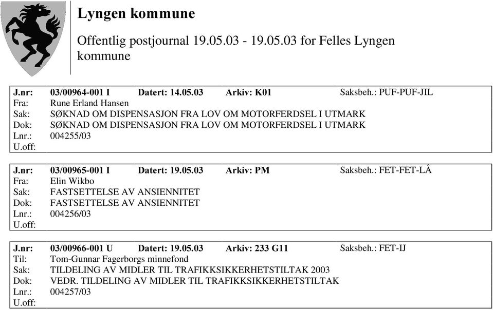 OM MOTORFERDSEL I UTMARK Lnr.: 004255/03 -QU, 'DWHUW $UNLY30 Saksbeh.