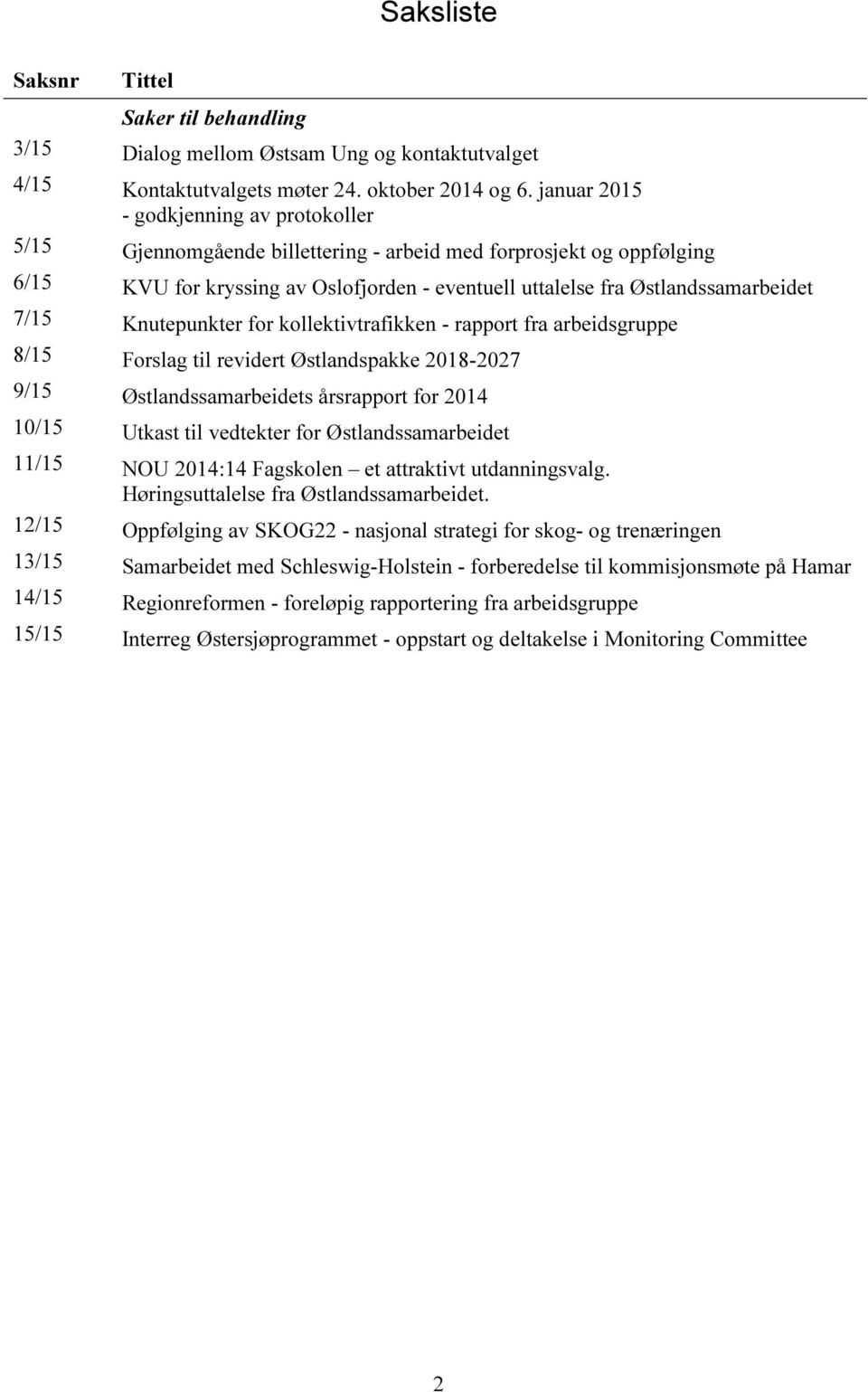 Knutepunkter for kollektivtrafikken - rapport fra arbeidsgruppe 8/15 Forslag til revidert Østlandspakke 2018-2027 9/15 Østlandssamarbeidets årsrapport for 2014 10/15 Utkast til vedtekter for
